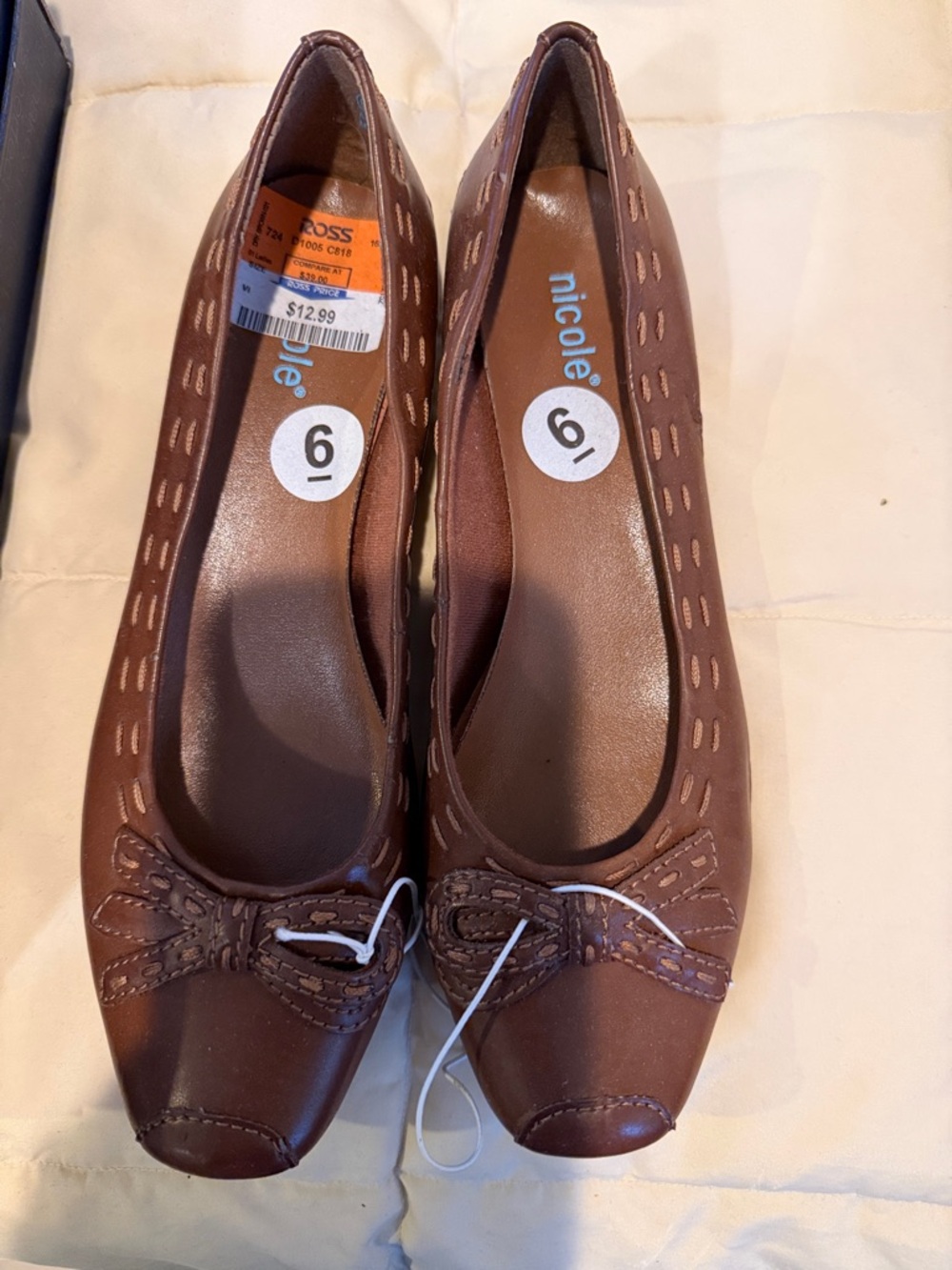Nicole Brown Stitch-Trim Ballet Flats with Bow